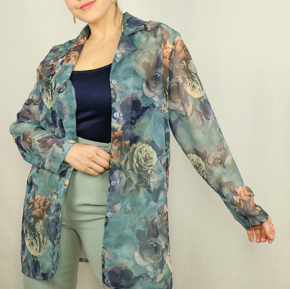 Blue green sheer button up w roses pattern